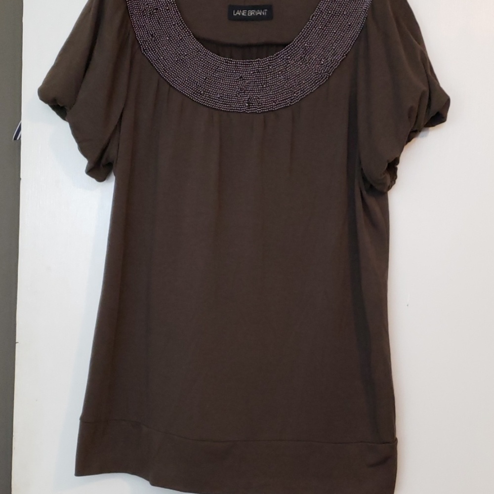 Lane Bryant Brown beaded neckline top short sleeve Size 1X